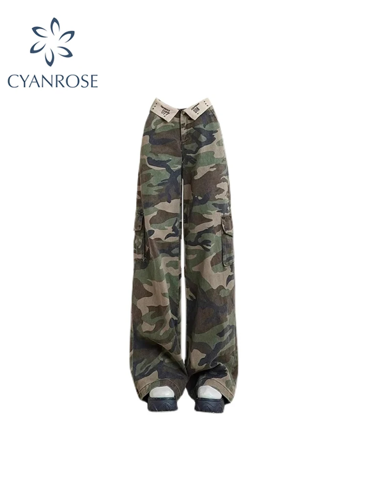 

2023 Women's Vintage Camouflage Cargo Jeans Harajuku 90s Aesthetic Denim Pants 2000s Y2k Straight Cowboy Trousers Trashy Clothes