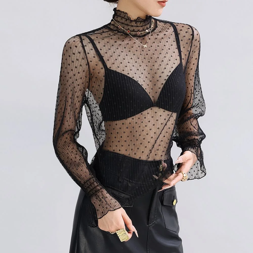 Fashion Mesh High Neck T-Shirt Tops Long Sleeve High Collar See Through Blouse See-through Mesh Sheer Long Sleeve view 4