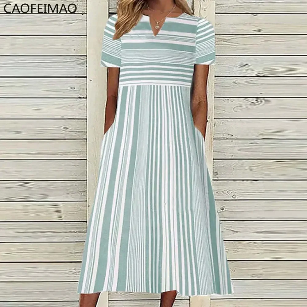 2023 Vintage Boho Stripe Stampa Vestito estivo da donna Moda estiva Scollo a V Abito a maniche corte Elegante abito longuette da donna Femme Vestidos
