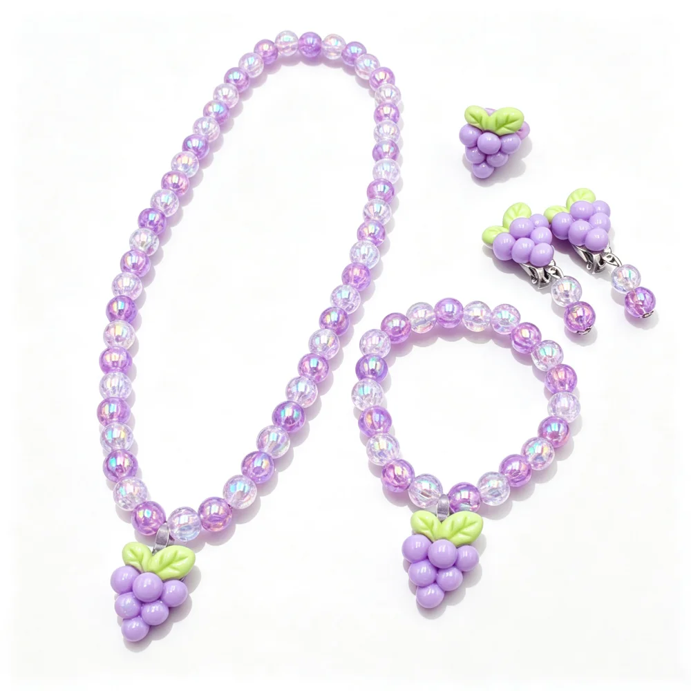 Kinder-Obst-Schmuckset: Resin-Perlenkette, Trauben-Ohrringe, Kirsch-Armband, Erdbeer-Ring, Haarspangen für Mädchen zum Prinzessinnen-Verkleiden