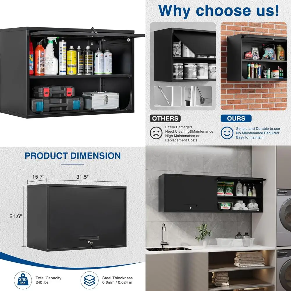 

Черный металлический настенный шкаф для хранения с полками и запирающейся дверцей для гаража, склада или домашнего офиса - требуется сборка