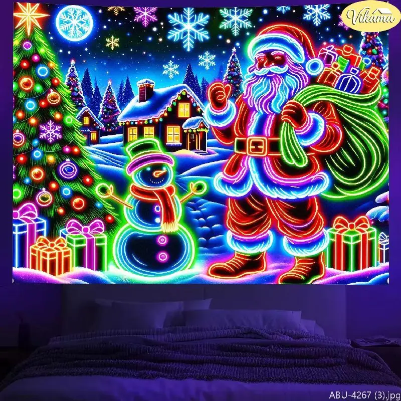 VIKAMA Neon Style Christmas Tapestry, Christmas Santa and Snowman Pattern Hanging Cloth, Christmas Party Home Decoration