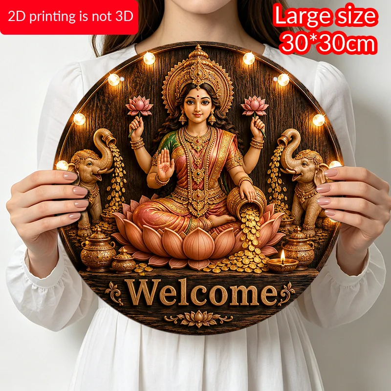 CIFBUY Rustic Lakshmi Elephant Coin Pink Lotus Candle Bulb Welcome Print Aluminum Wall Art Waterproof Durable Home Decor Gift