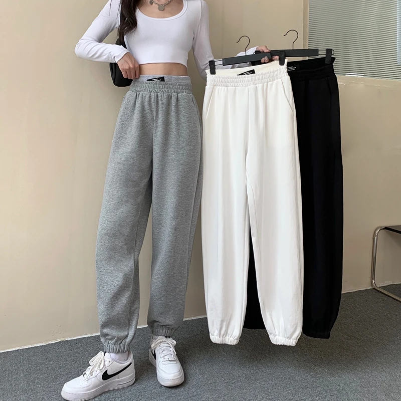 White Black Casual Pants Women's Autumn Wear Elastic Waist Straight Leg Pants Slim Sports Pants Long Pants