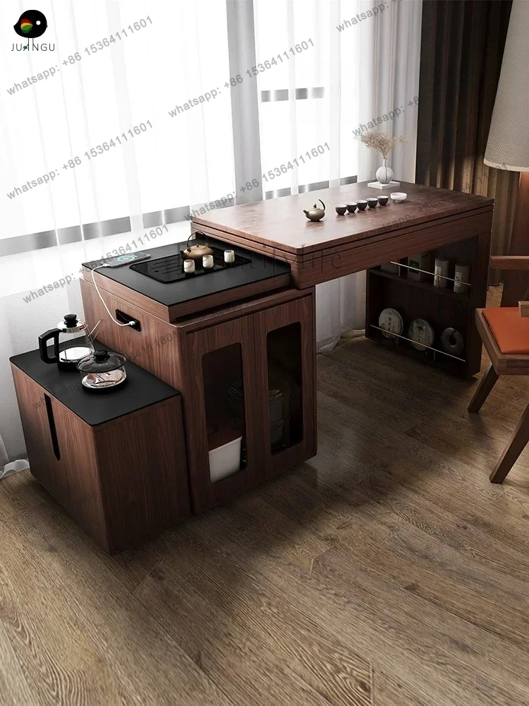 XX39Balcony new solid wood movable tea table rotating tea table folding dining table chair drinking tea chair combination