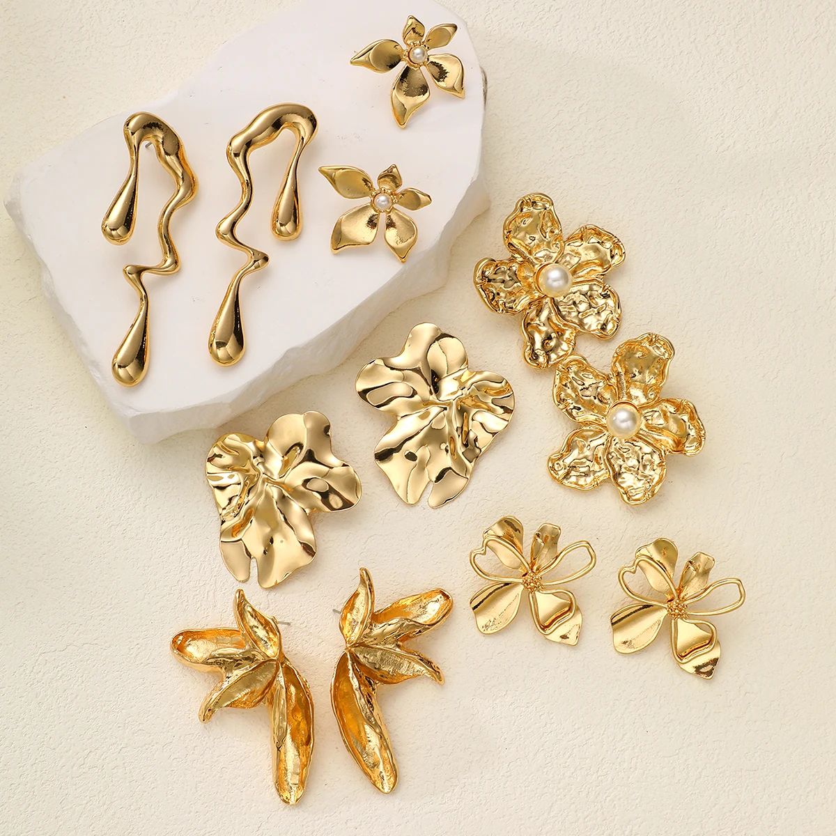 12 قطعة مجموعة أقراط زهرة هندسية خمر للنساء موضة أنيقة الذهب اللون اللؤلؤ غير النظامية ورقة قطرة الماء ترصيع المجوهرات #3