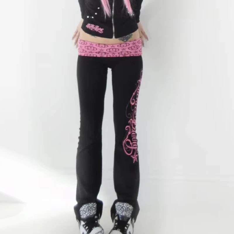 Fashion Letter Print Harajuku Aesthetics Gothic Slim Pants For Women American Retro Punk High Street Y2K Classic Slim Trousers