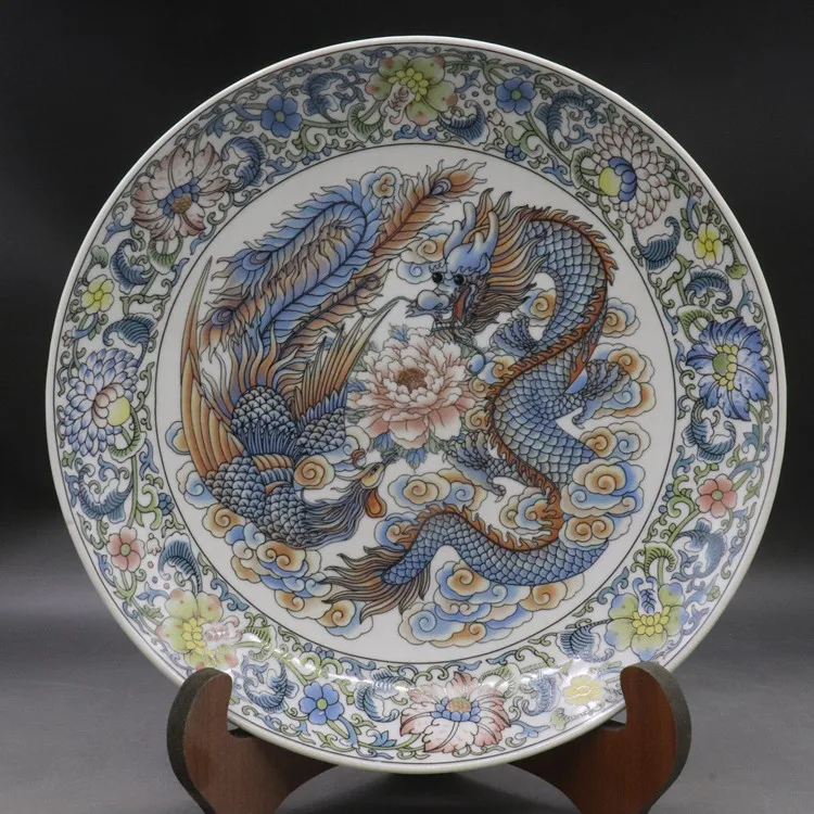 Chinese Antique Style Porcelain Plate Dragon Phoenix Pattern Decorative Dish Qianlong Style Home Desktop Collectible Ornament