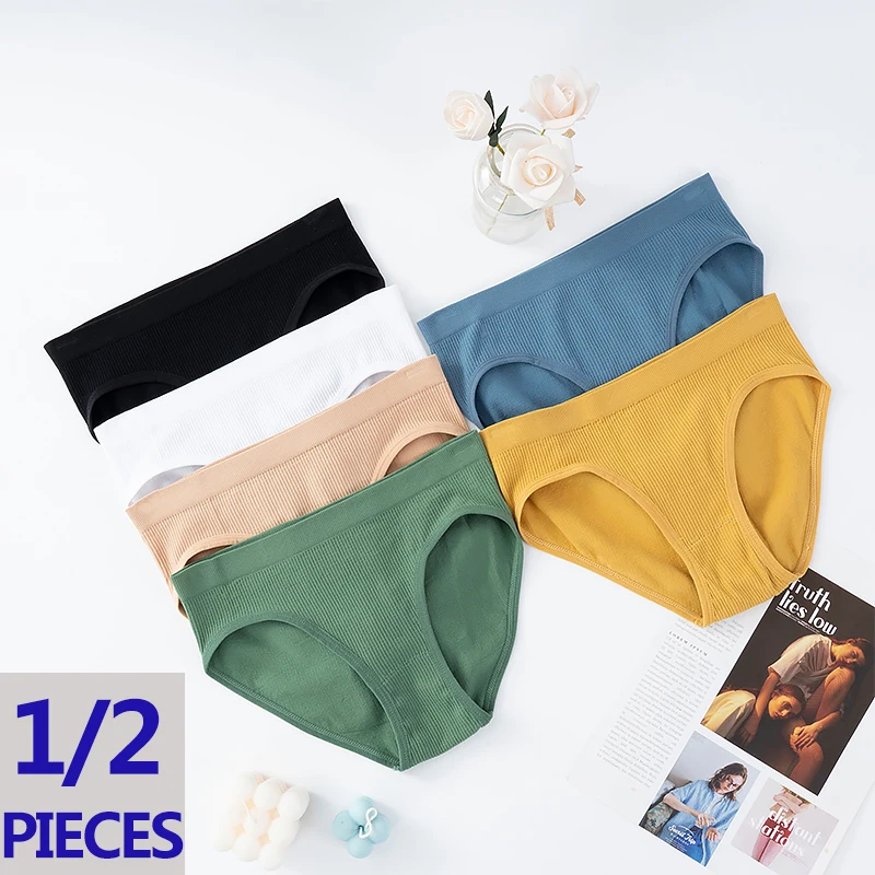 1/2Pcs Rib Cotton Underwear Womens High-quality Panties Sexy Comfort Underpants Female Candy Color Lingere Mid-Rise Briefs