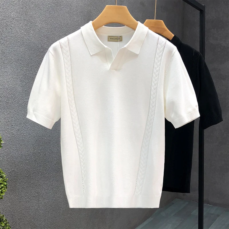 

Men'S Silk Turn-Down Collar Short Sleeve Shirt Simple Casual Summer Thin Half Sleeve Knitted Shirt