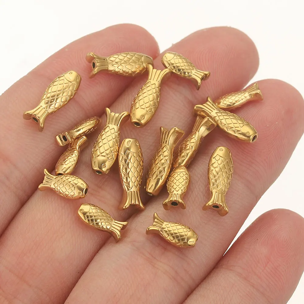 5PCS Stainless Steel Fish Charm Spacer Beads for Bracelets Needlework PVD Gold Plated Metal Necklace Jewelry Making Wholesale