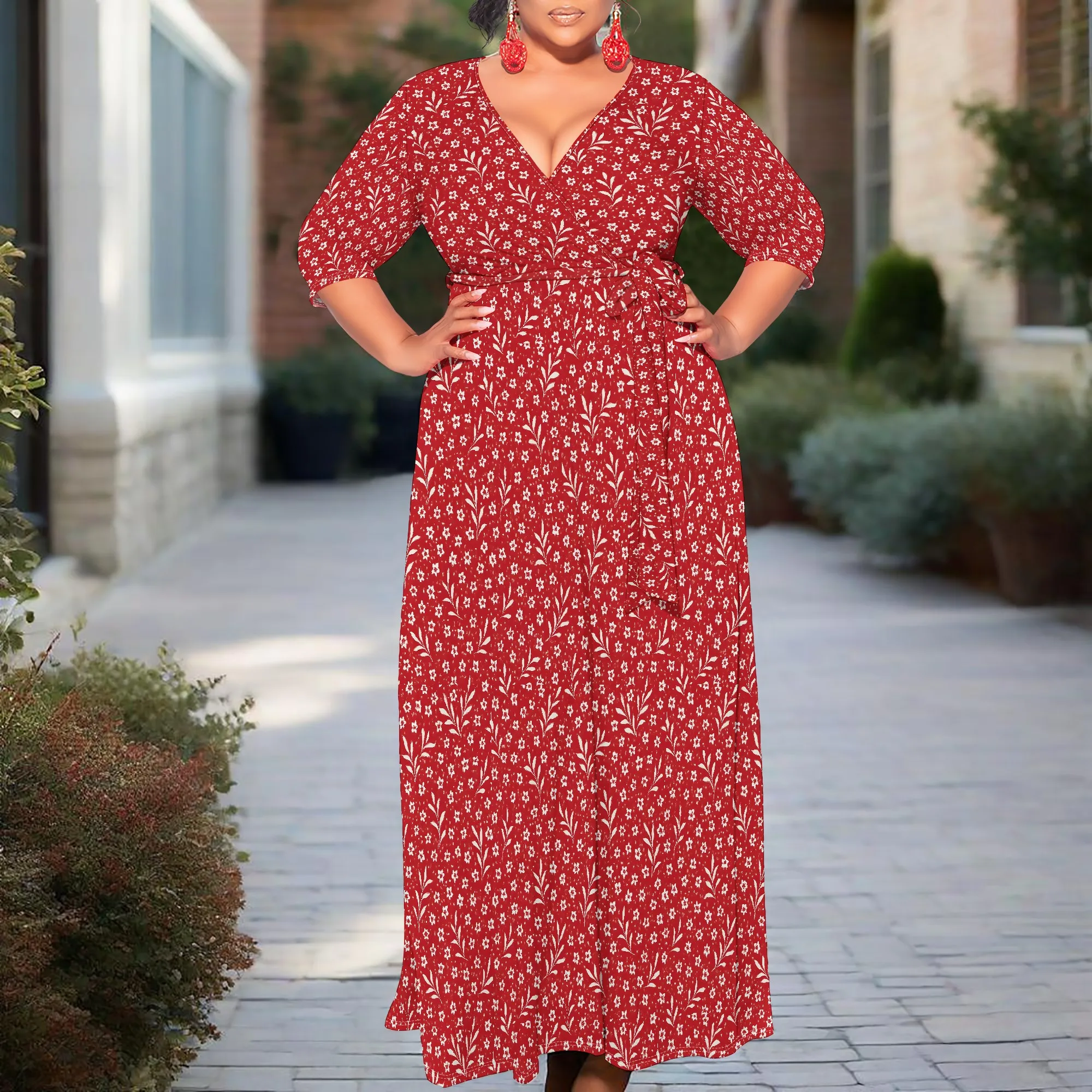 

Women Short Sleeve Floral Printed Dress Holiday Beach V-Neck Elegant Dress
