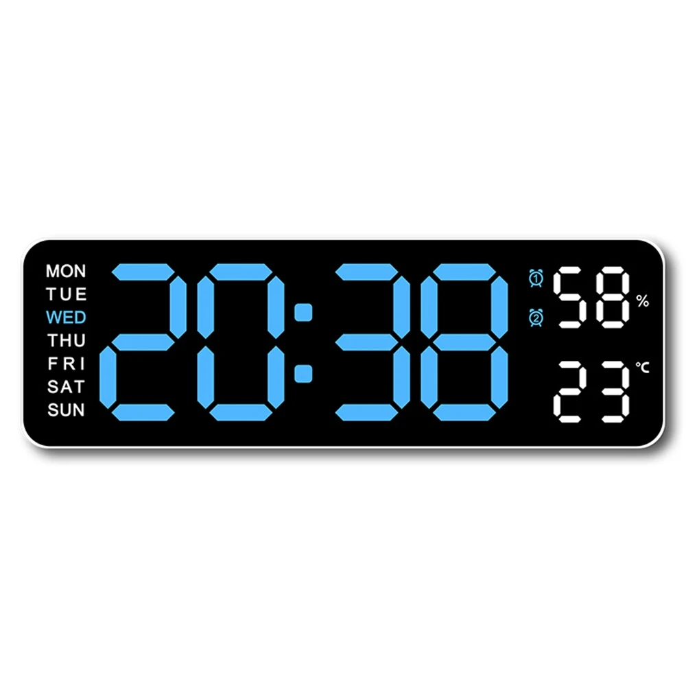 NONE Große digitale Wanduhr, Temperatur und Luftfeuchtigkeit, Wochenanzeige, Helligkeit einstellbar, elektronischer LED-Tischwecker, 12/24 Stunden 5