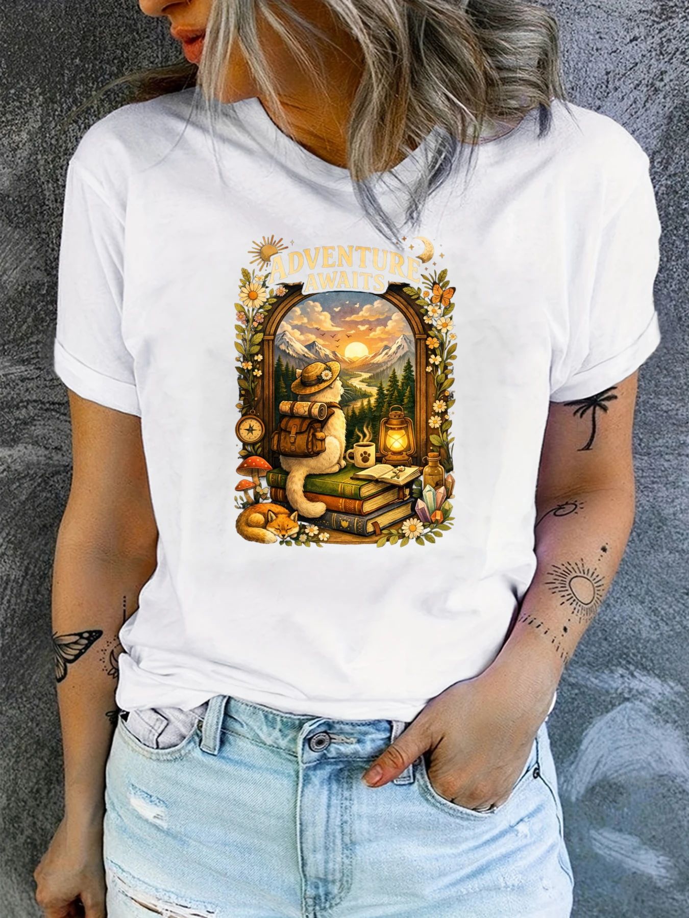 Adventure Awaits Cat Hiking Graphic T Shirt Casual Short Sleeve Cotton Oversized Crewneck Tee for Cat Lover Gift Top