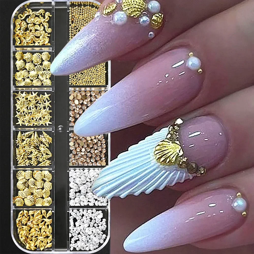 

12Grid 3D Gold Ocean Rivet Nail Charms Mixed Seahorsea/Starfish /Conch Pearl/Mini Caviar Beads/Rhinestone Nail Jewery Decoration