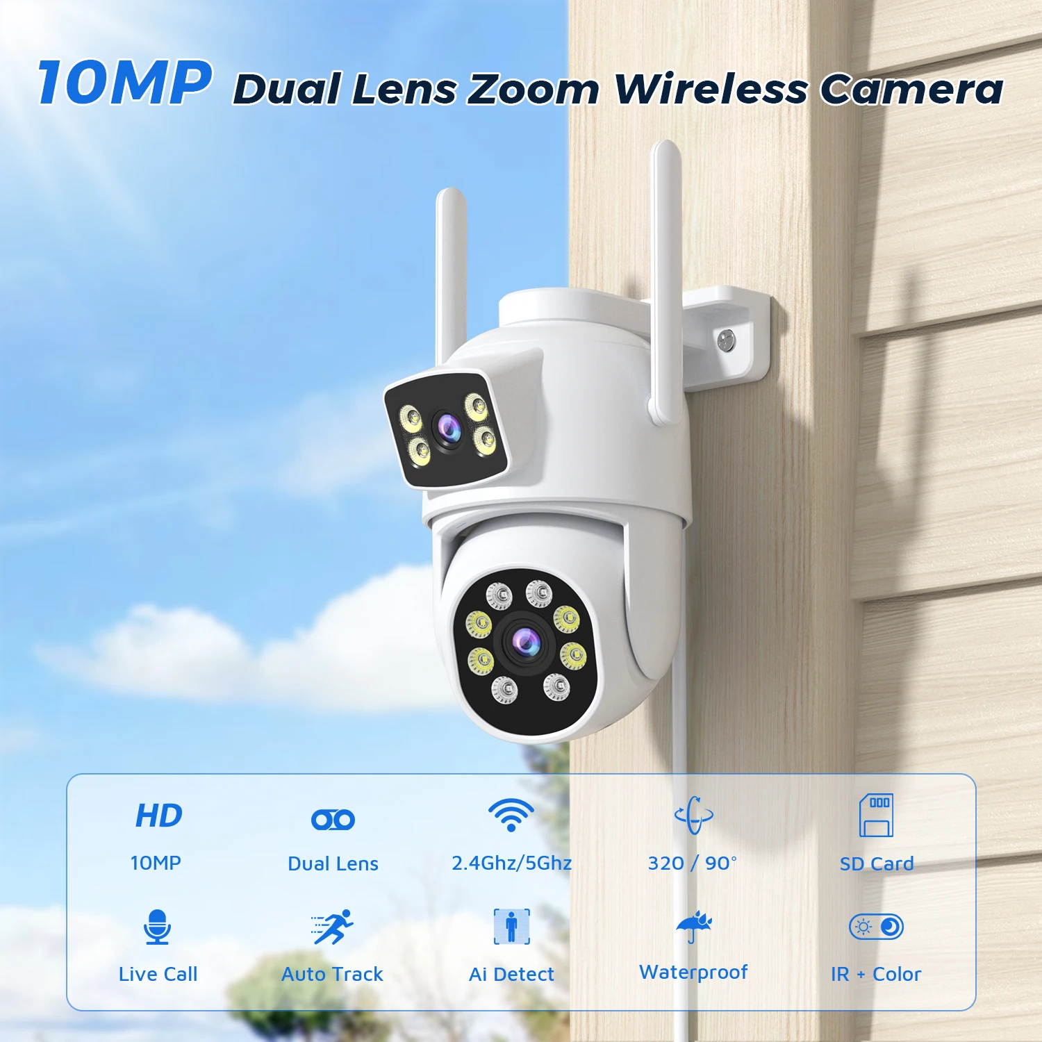 10MP WiFi камера наблюдения 2.4G/5GHZ двойной объектив двойной экран Обнаружение человека 4K камеры наружного наблюдения