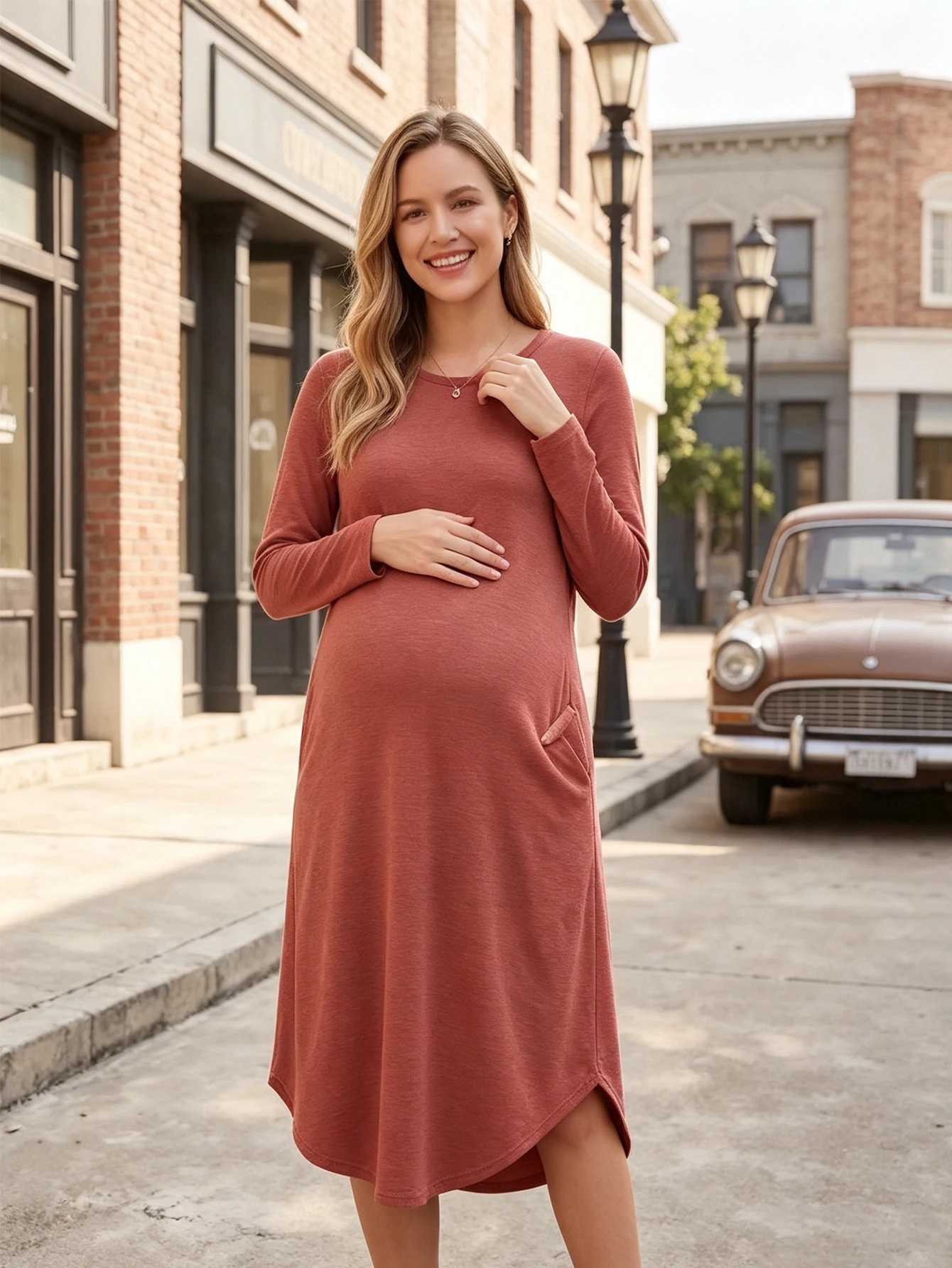 Maternity Sweater Long Sleeve Dress with Pockets Autumn Winter Casual Comfortable Versatile Long Dress Burgundy Maternity Clothing