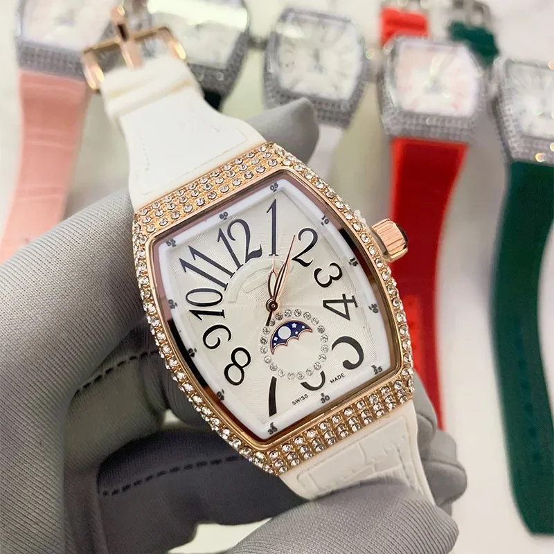 2025年ファッショナブルな大型メンズ腕時計、ダイヤモンドがちりばめられた防水レザーストラップ、バケット型レディース腕時計、ダイヤモンド象嵌入り