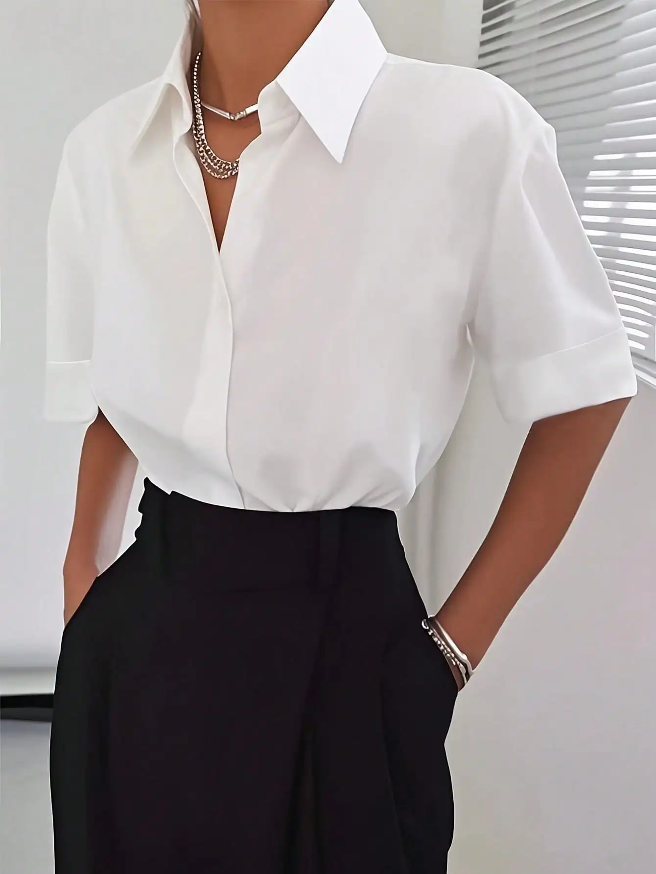 

Women's White Short Sleeve Button Down Shirt, Loose Fit Casual Blouse for Office or Daily Wear