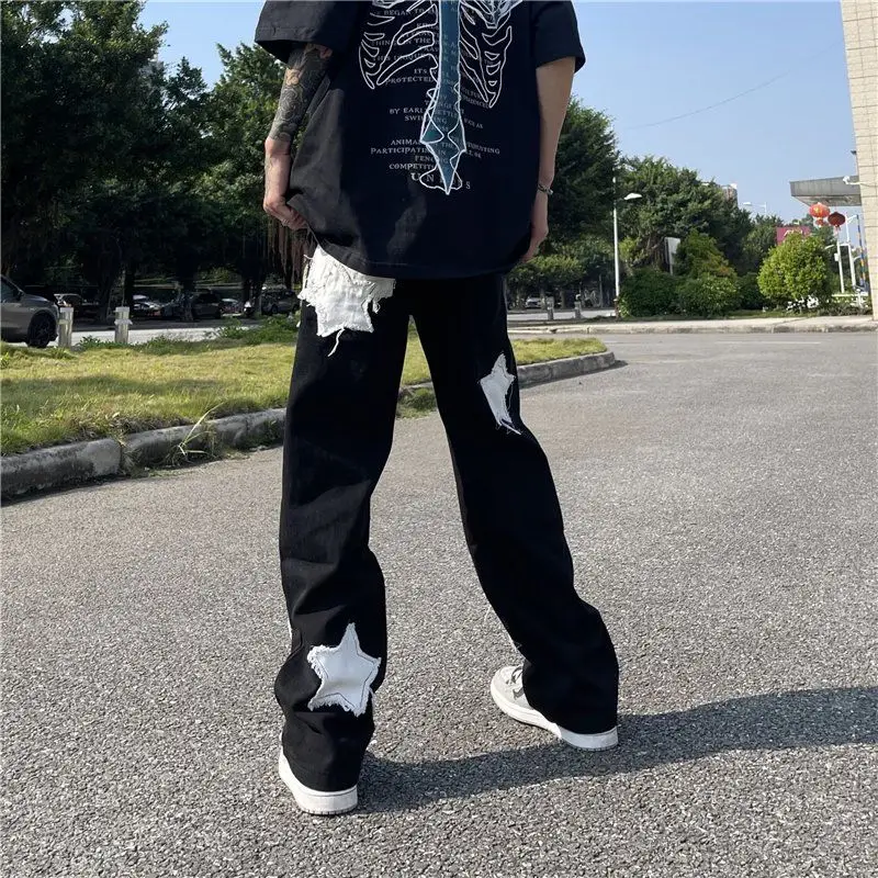 American High Street Letter Patch Hip Hop Jeans Men'S Hiphop Retro Straight Leg Men'S Pants Fashion