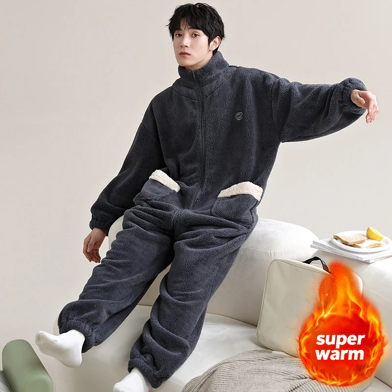 

Mens Winter One-piece Pajama Super Warm Homewear for Men 170-175cm 60-70kg Outside Sleepwear Fleece-lined Pajamas Adult Onesies
