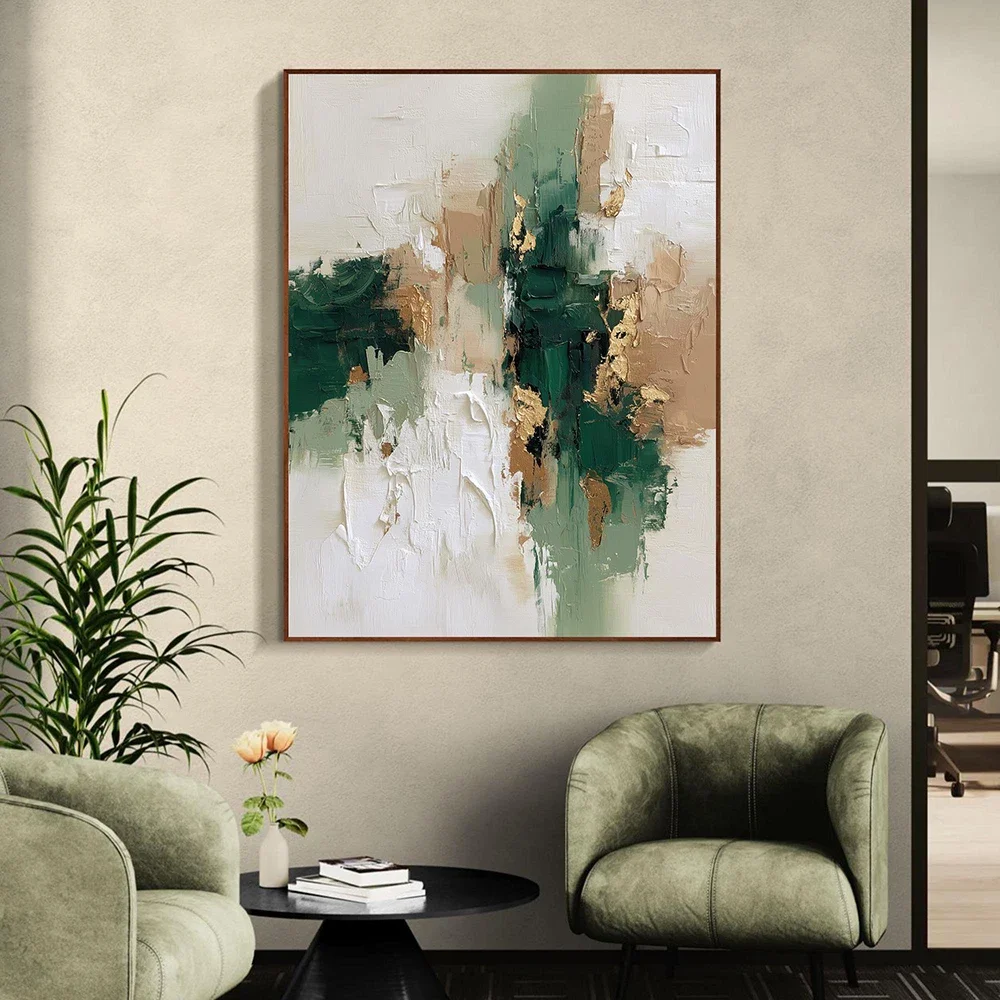 Frameless Canvas Painting Abstract Painting With Gold Leaf, Green And Beige Art, Modern Textured Wall Decor, Unique Artwork For