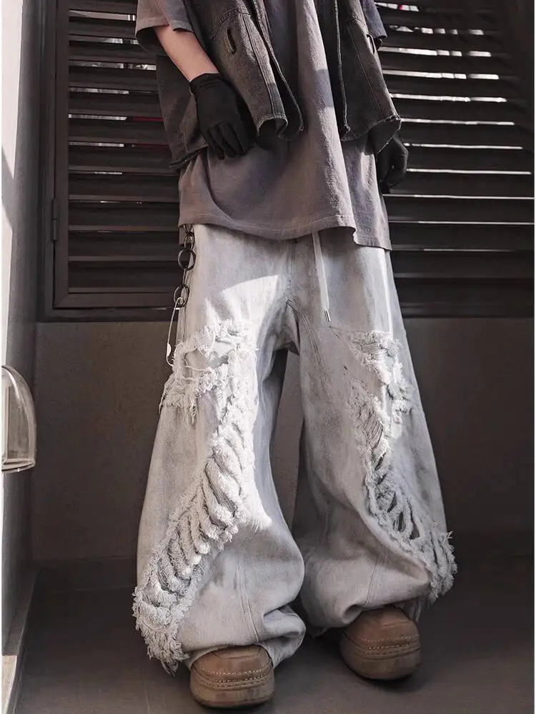 

Unisex Jeans 2025 New Retro Vintage Jeans White Distressed Mud Dyed Hip Hop Wasteland Style Straight Wide Leg Pants