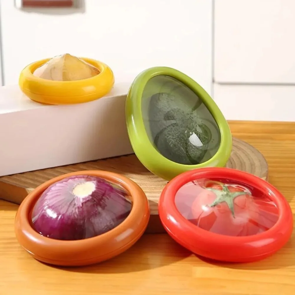 4PCS Reusable Fruit & Veggie Savers Set Preservation Storage Containers Ideal for Avocados Lemons Tomatoes Garlic Onions