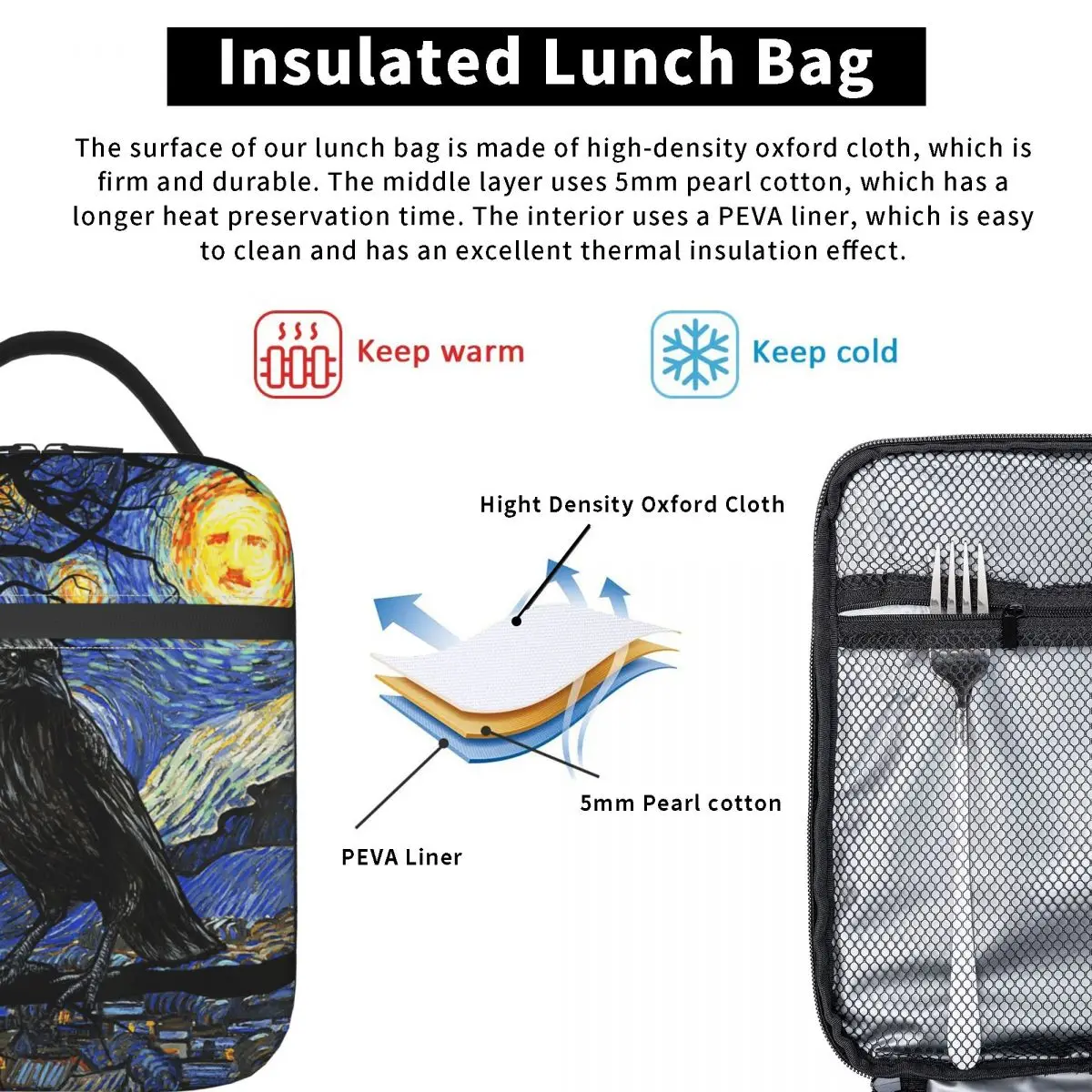 Torba na lunch Raven Art - Gwieździsta noc Edgara Allana Poe - Torba na lunch z motywem kruka Poe, torba termiczna do pracy, torba na jedzenie dla mężczyzn, torba na zakupy z nadrukiem, torba chłodząca