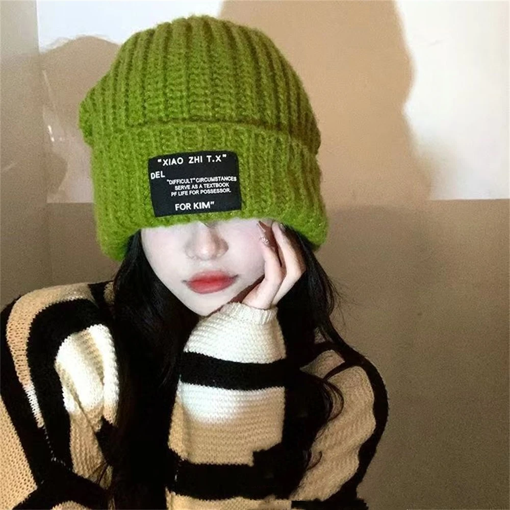 2024 Korean Warm Knitted Hat Solid Color Windproof Woolen Hats Women Ski Slouchy Cap Skull Warm Knitted Beanies Hat Balaclava