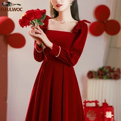 New Year Christmas Chic Elegant Annual Meeting Red Dress Women Square Neck French Design Bow Tie Long Velvet Dresses Vestidos