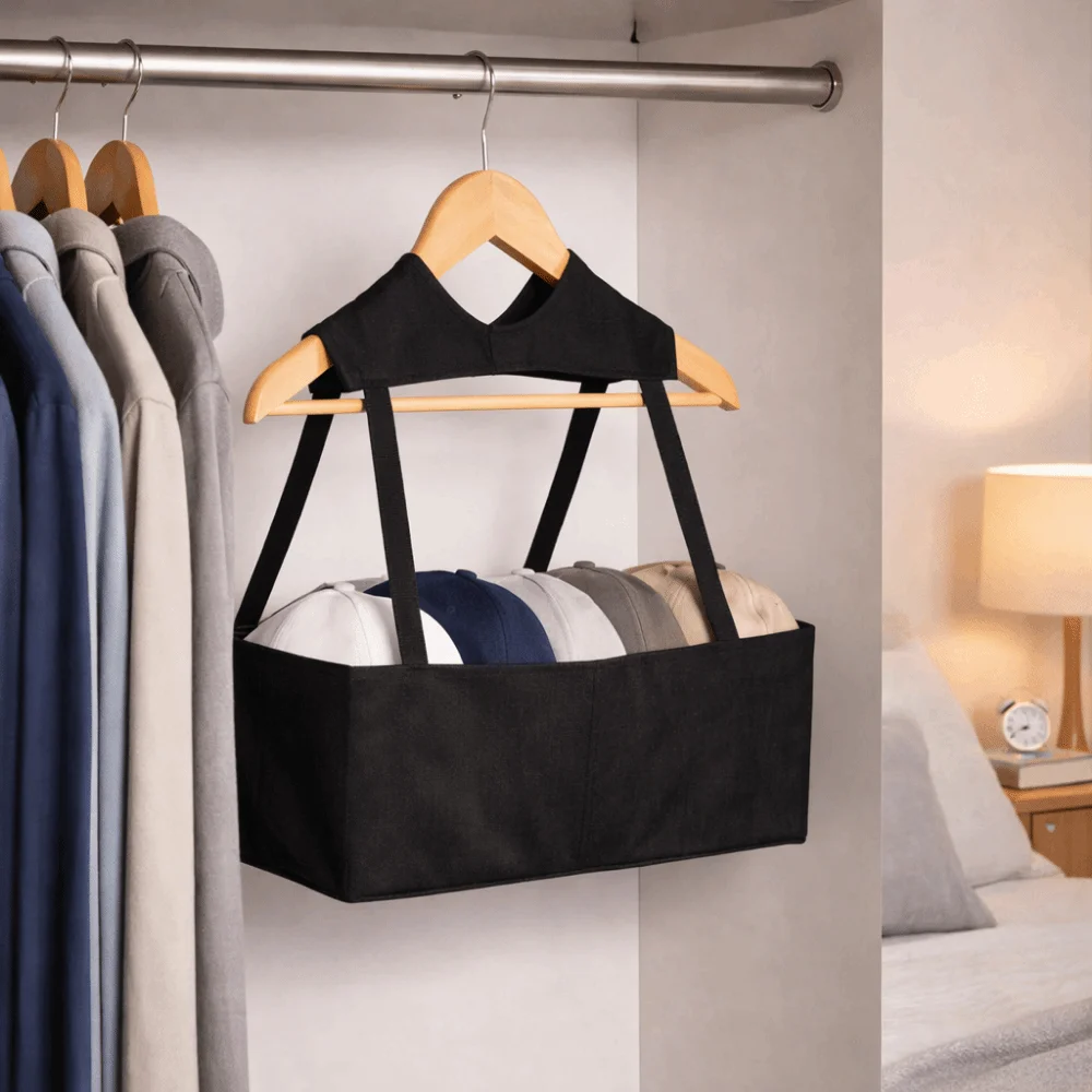 

Non-woven Fabric Baseball Cap Storage Hanging Bag Folding Space Saving Hanging Cap Storage Basket Black Closet Cap Container