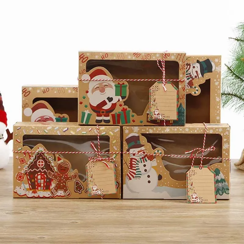

12pcs Kraft Paper Portable Christmas Gift Box Party Favor Holders Candy Box Cookie Boxes With Snowman Santa Claus Gift Card