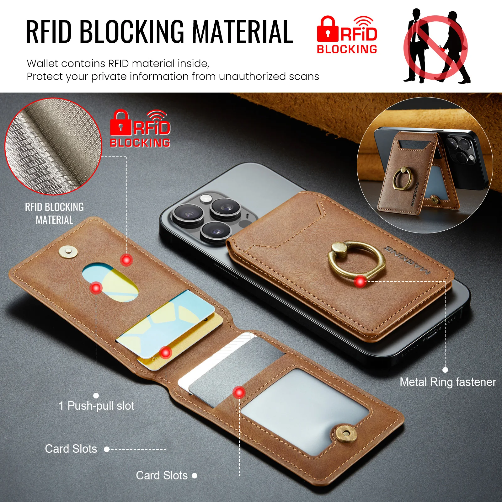 Carteira de couro magnética, porta-cartões de moedas de dinheiro, bolsa dobrável com anel de dedo, bloqueio RFID para iPhone 16 15 14 13 12 Pro Max