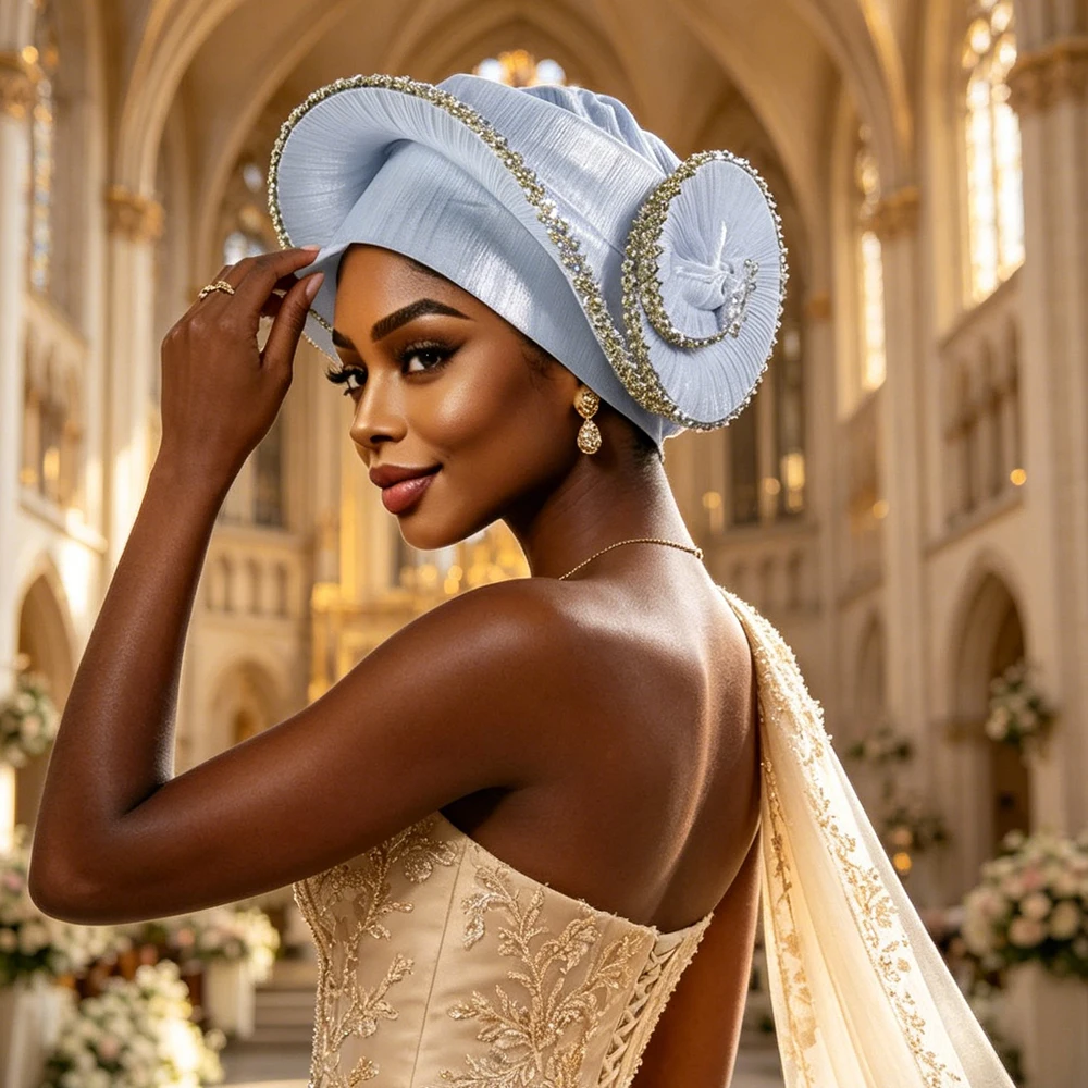 

Rhinestone Spiral Turban Hat for Women African Head Wraps Wedding Party Headtie Ready to Wear Auto Gele Muslim Hijab Bonnet Cap