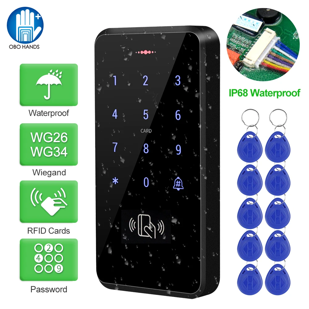 

IP68 Waterproof RFID 125KHz Standalone Access Control Keypad with Touch Screen Panel + 10pcs RFID Keyfobs