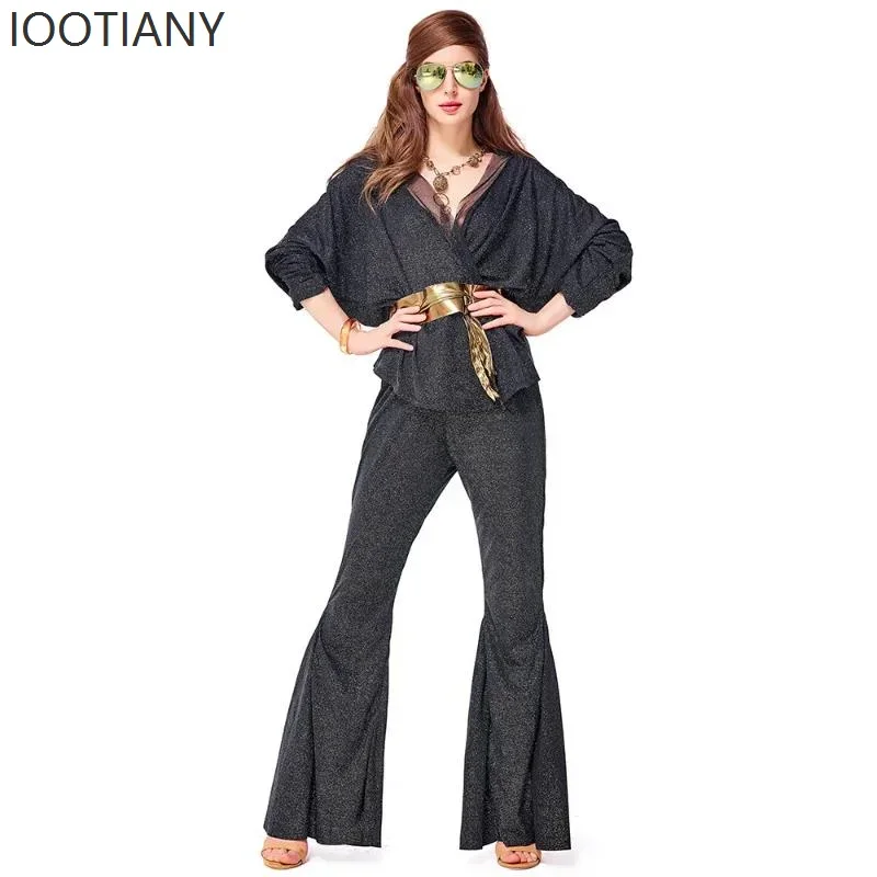 

CosplayNew Halloween Retro Sexy 70s 80s Hippie Disco Dazzling Costume Adult Women Wrap Top Flared Pants Outfit Glitter Black Cos