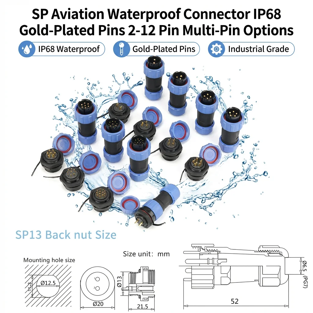 

5/10/100 Sets SP13/16/17/20/21 IP68 Waterproof Connectors, 2/3/4/5/6/7/9/10/12 Pin Male/Female Panel Mount Aviation Plugs