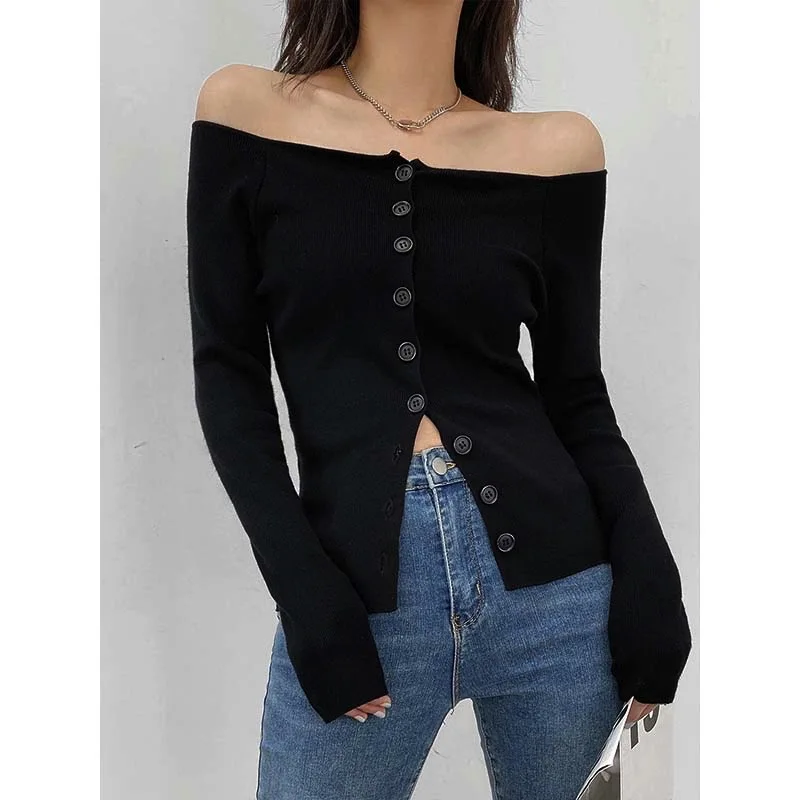 

Black Sexy Slash Neck Off Shoulder Top Women's Autumn Vintage Slim Long Sleeve Y2k Winter Sweater Tops Ladies Pullover Jumpers