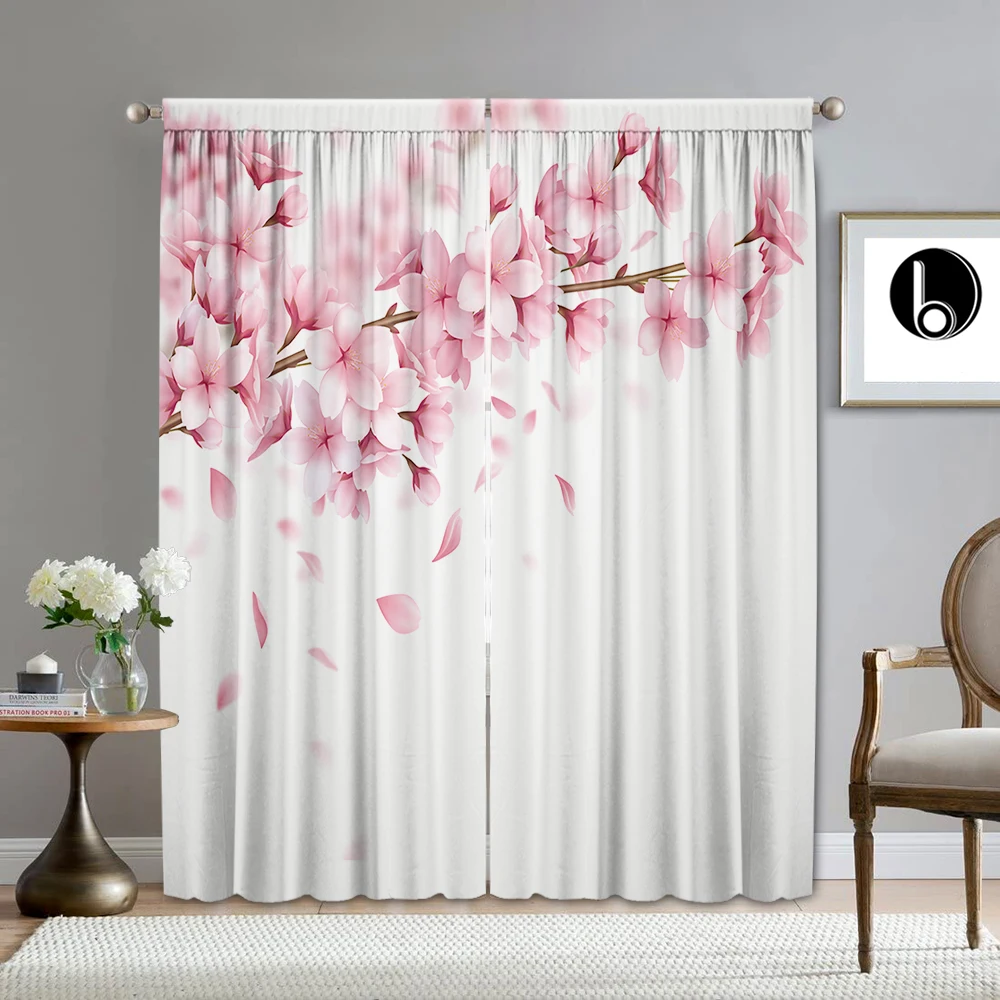 2PC Home Decoration Curtains With Plum Blossom And Peach Blossom Flower Background And Rod Bag Curtains, Suitable For Kitchen