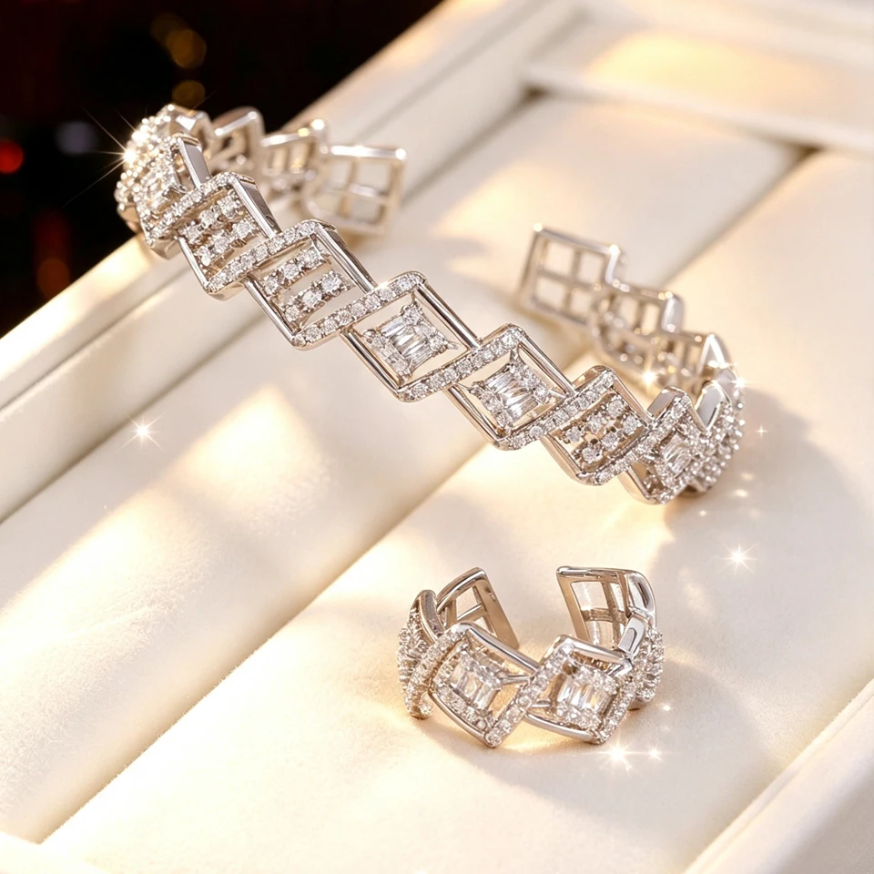 ZAKOL Luxury Full Shiny Cubic Zirconia Geometric CZ Open Bracelet Rings for Women Luxury Wedding Mother’s Day Jewelry Gifts