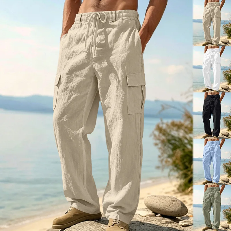 Men's Linen Cargo Wide Leg Pants Elastic Drawstring Waist Multi‑Pocket Loose Summer Beach Casual Long Trousers