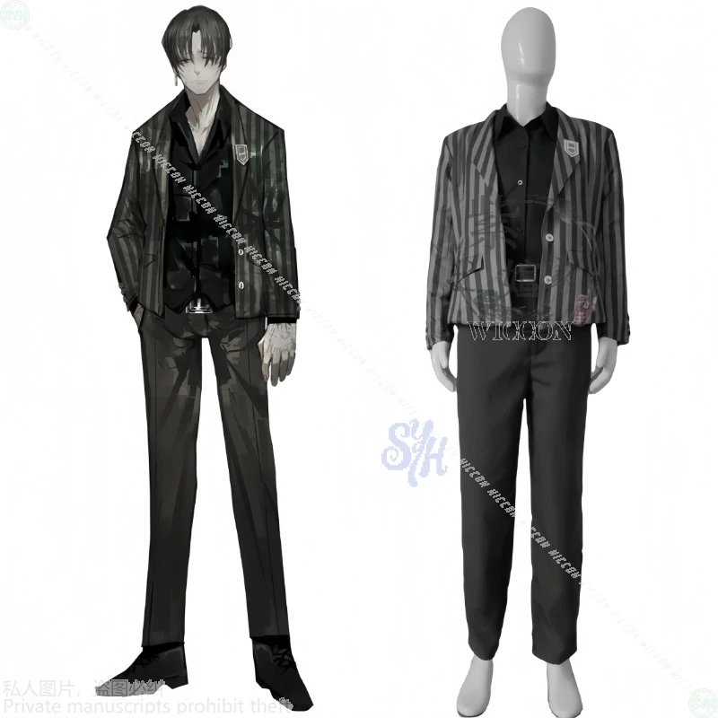 คอสเพลย์เวอร์จิเลียส อนิเมะ เกม ลิมบัส คอมพ์ไน ปาร์ตี้ฮาโลวีน คอสเพลย์ ชุดดำลายทางสีดำเทา สไตล์โกธิค ชุดดาร์ก ชุดหล่อเท่ ชุดคุณพ่อ