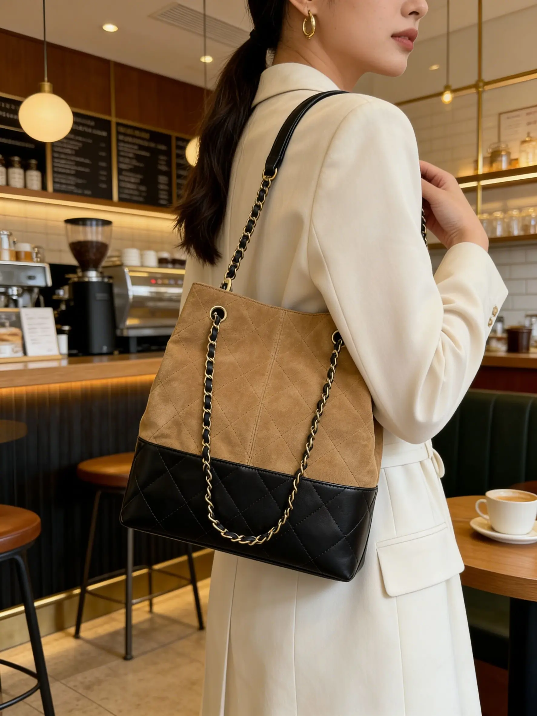 

Luxury women's handbag, diamond-pattern chain handbag, vintage large-capacity bucket bag