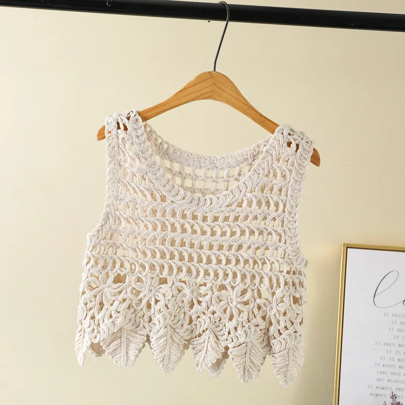 Sweet Japanese Crocheted Hollow-Out Sleeveless Short Vest Blouse Bold Trendy Small-Fresh Simple All-Matching Sweater