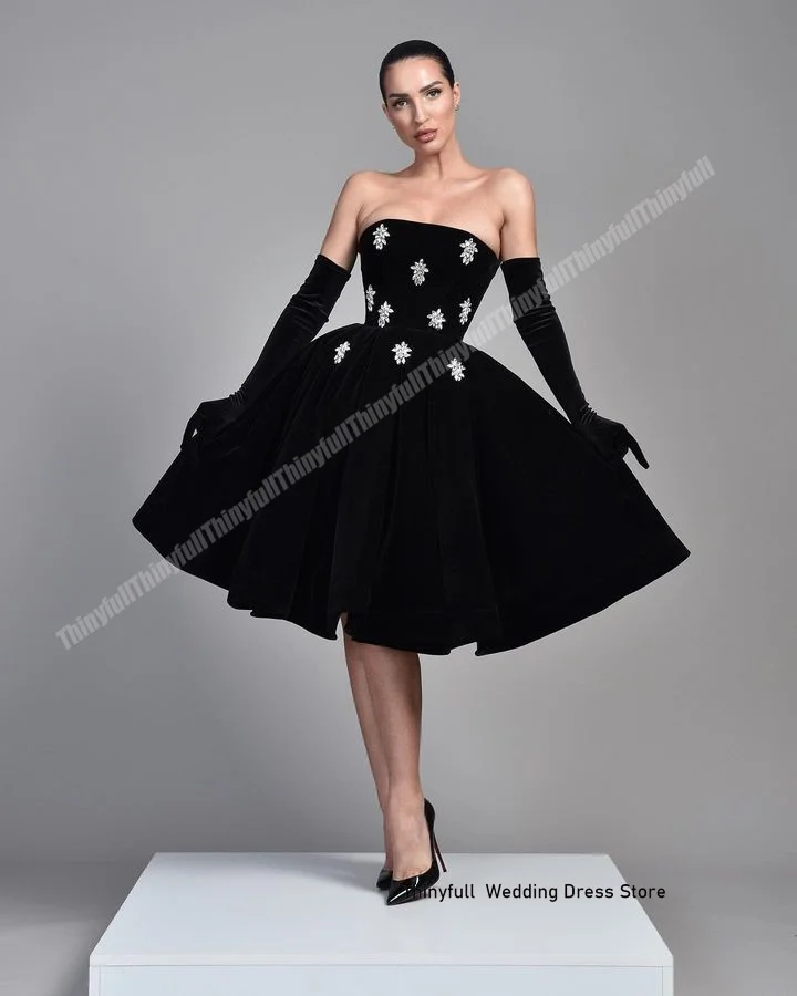 Thinyfull Black Tea-length Prom Dresses A-line Strapless Sleeveless Birthday Party Gown Velvet Crystal Girl Elegant Dress