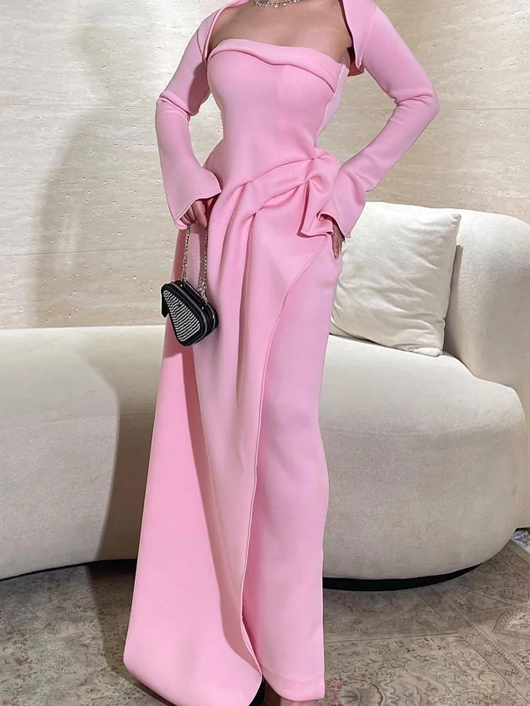 

Women Casual Long Sleeve Slim Half Skirt Suit Fashion Pleat Pink Outfits Elegant Strapless Split Long Skirt Shawl Cardigan Set