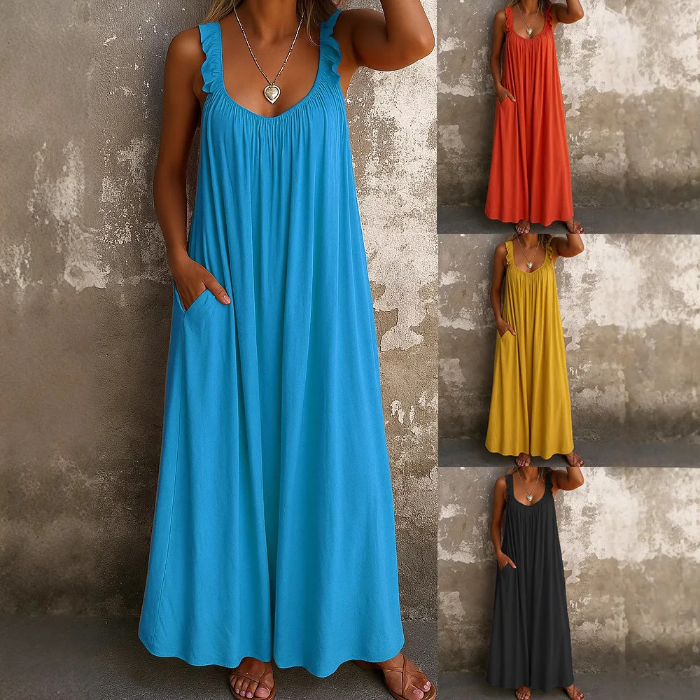 

2025 New Women's Clothing Casual Suspender U-neck Regular Pleated Multi-color Women's Dress Long Dress