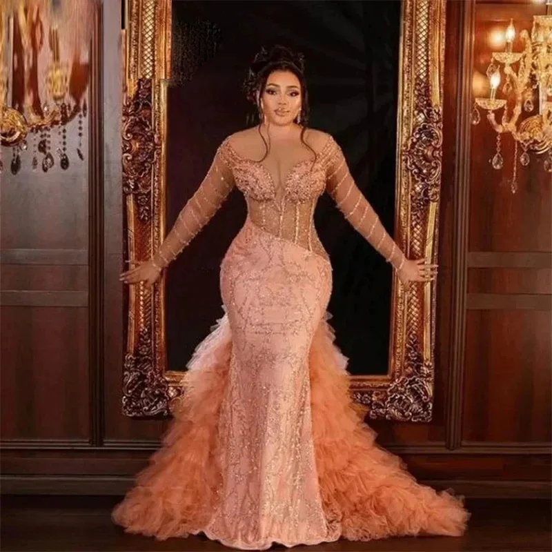 Peach Pink Evening Dresses Long Sleeves Mermaid Prom Dress For Weddings Illusion Robe African Women Celebrity Evening Gowns Bead