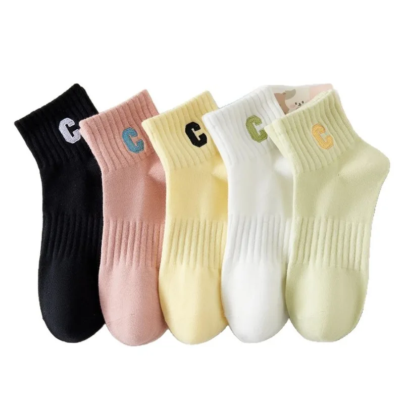 5 Par Damskich Jesienno-Zimowych Skarpetek do Kostki w Jednolitym Kolorze z Napisem, Zestaw Wielokolorowy, Skarpetki Szkolne dla Dziewcząt, Białe Skarpetki Damskie, Tanie Skarpetki Dzianinowe